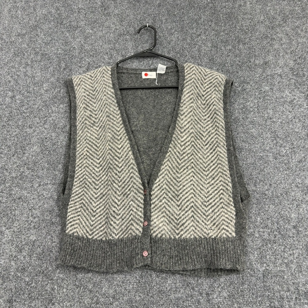 Vintage Kenji Sweater Vest Mens L Gray Wool Herringbone V-Neck Knit Preppy Style